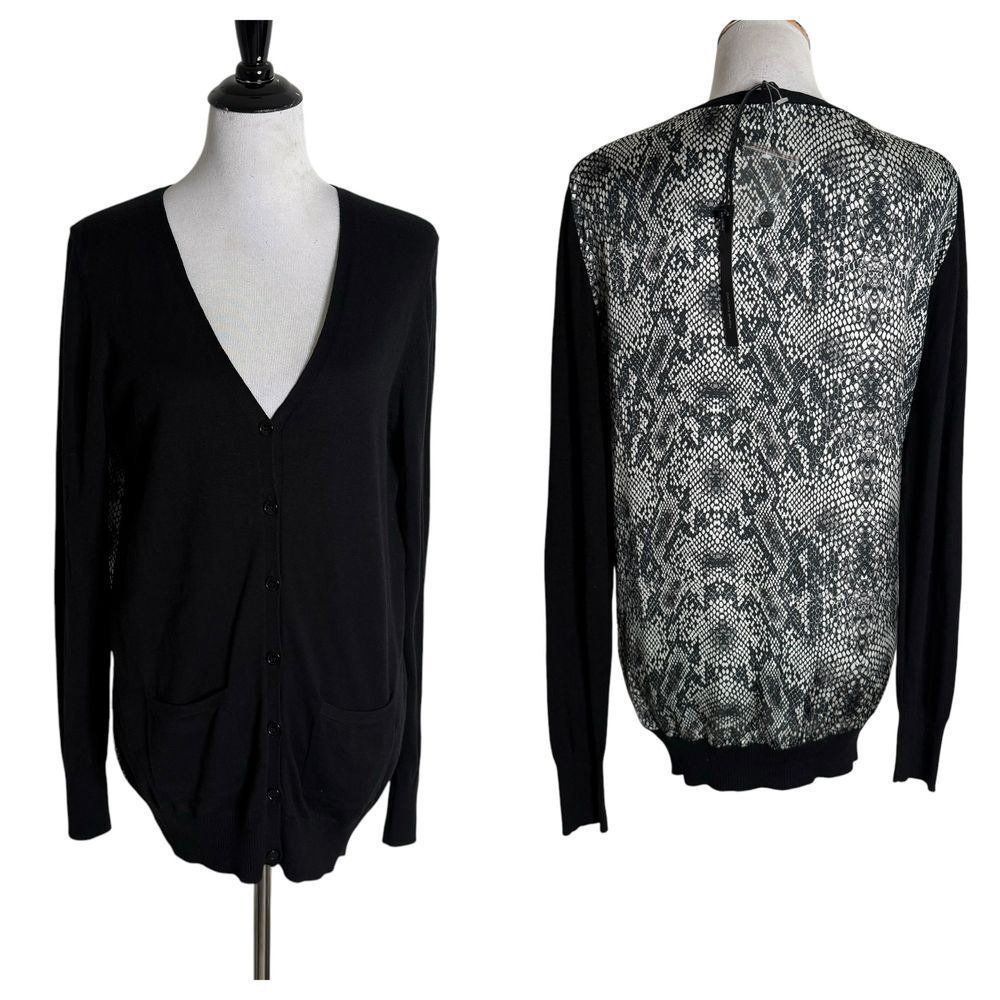 Womens Snakeskin Print Cardigan Sweater Black Knit Size L Harve Benard NEW